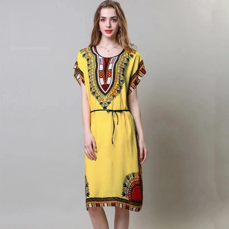 Spring Boho Beach Dress For Women Batwing Sleeve Midi