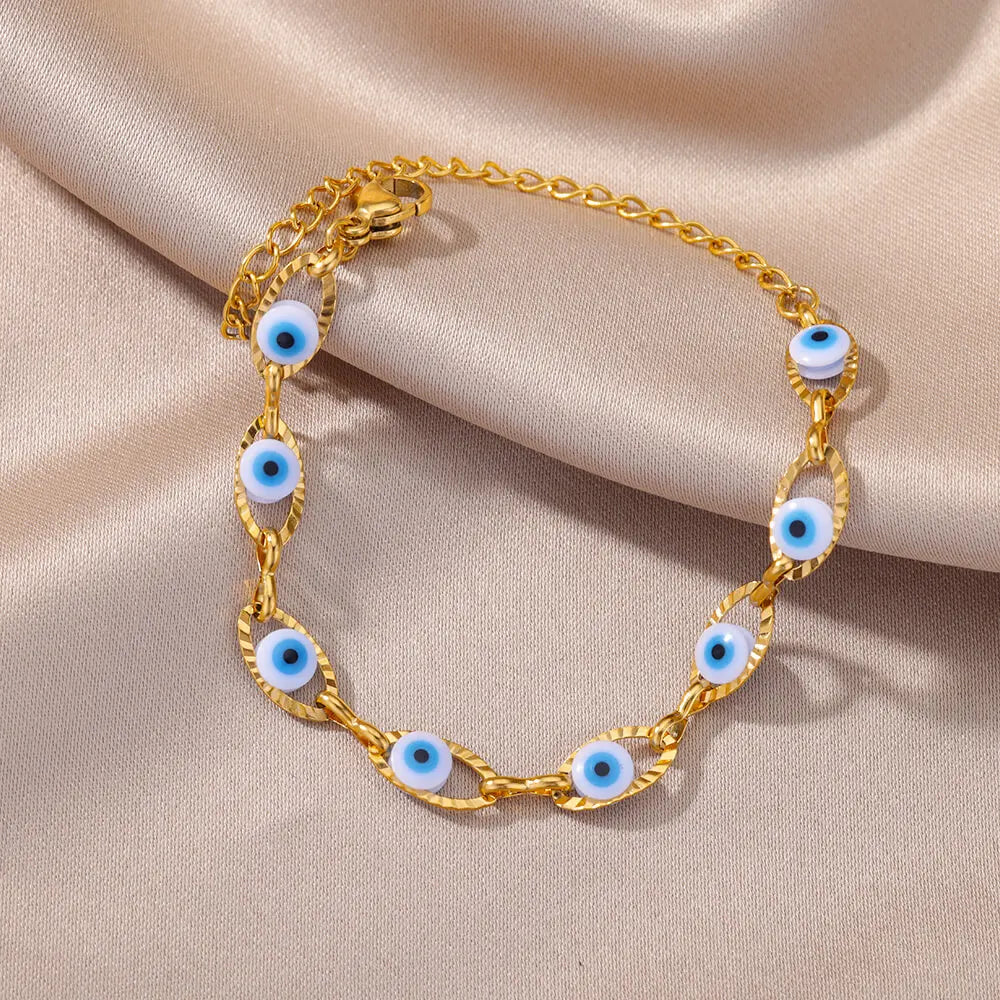 Gothic Rainbow Evil Eye Bracelet for Women Stainless Steel Gold Color Turkish Charm Chain Jewelry