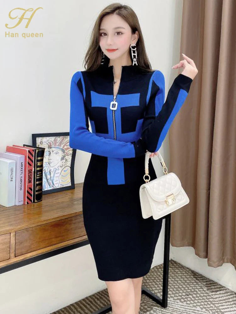 Winter Knit Bodycon Dress With Zipper Pattern Chic