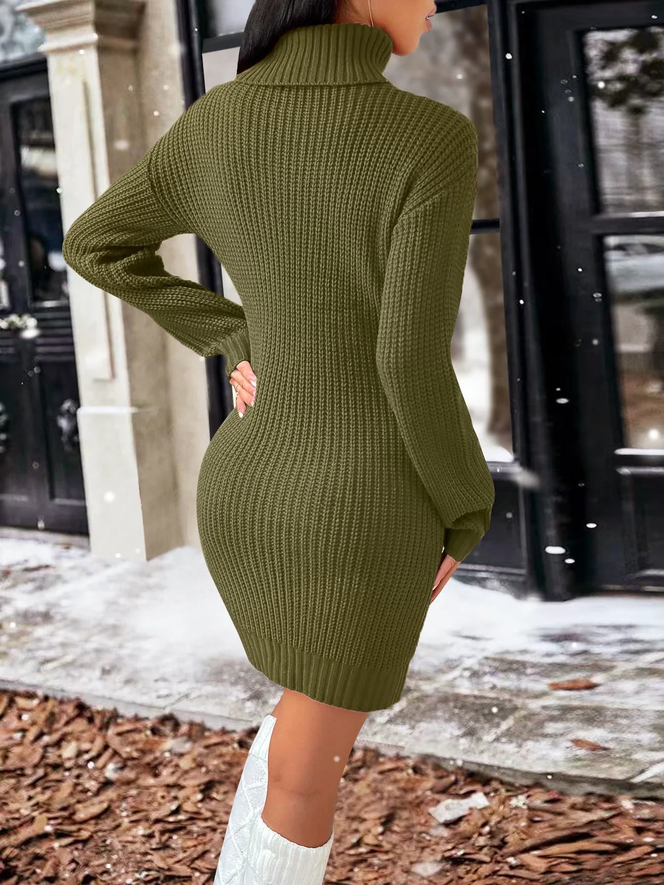Solid Color Turtleneck Sweater Dress For Women Long Sleeve