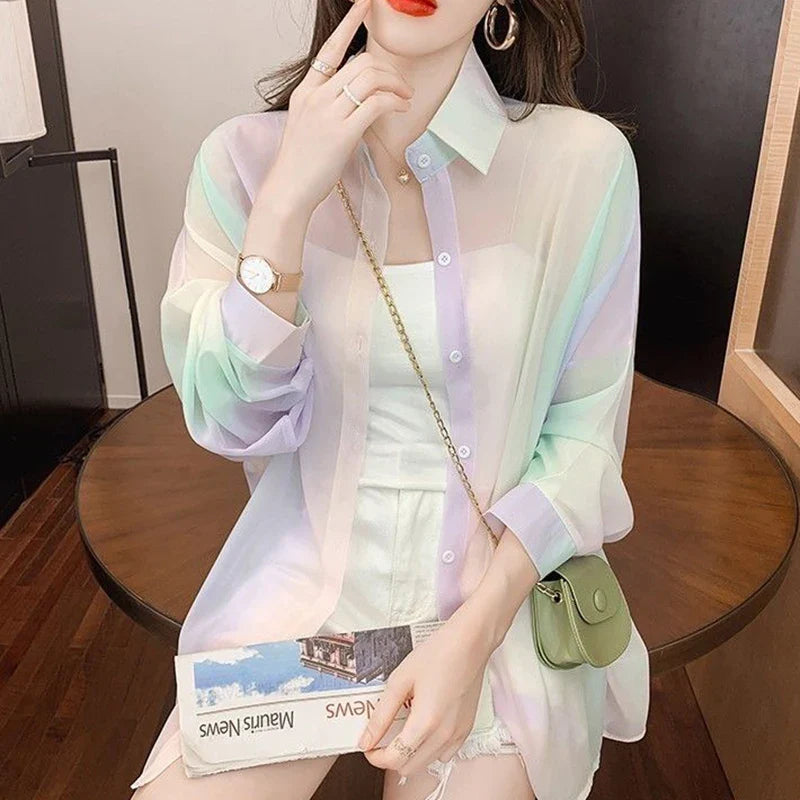 Irregular Gradient Rainbow Color Sheer Turn-Down Collar Long Sleeve Loose Fit Women's Casual Blouse Top
