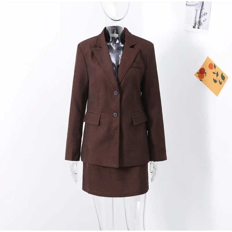 Elegant Women Blazer and Mini Skirt Set with Shoulder Pads Cinched Waist Suit Jacket and A-line Skirt Two-Piece Office Outfit