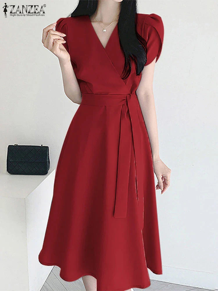 V Neck Midi Dress For Women Solid Cap Sleeve A Line
