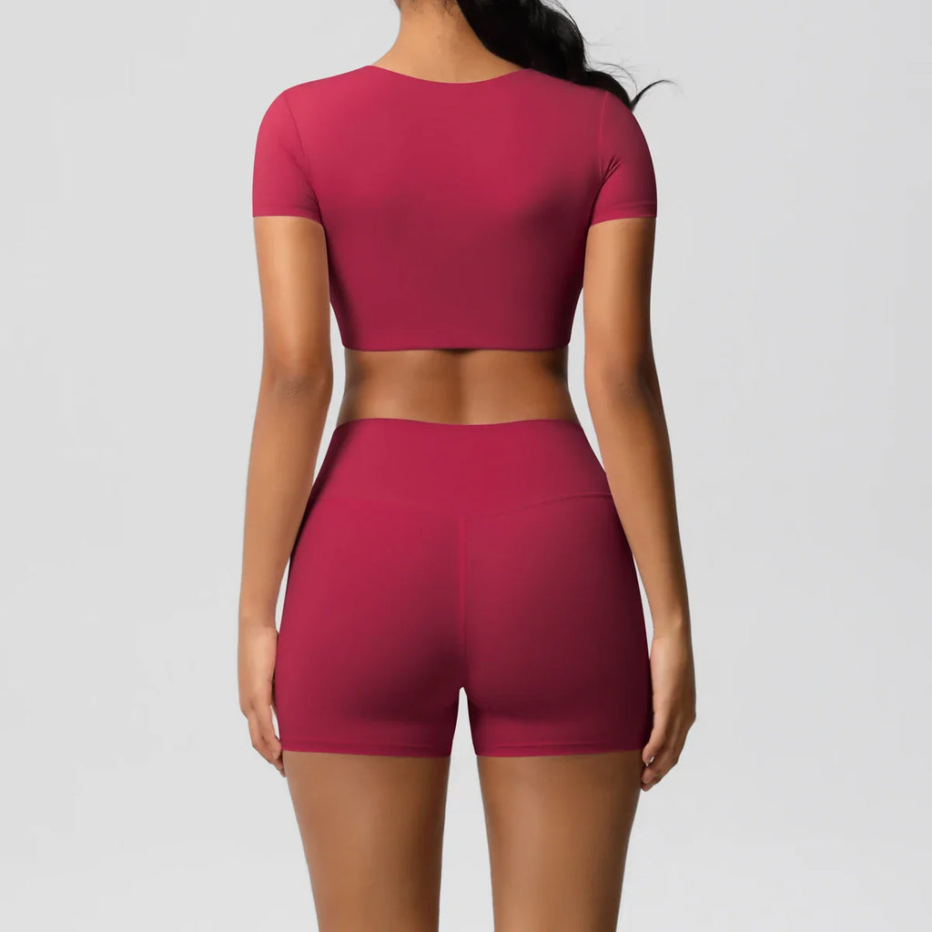 2PCS Women's Fitness Yoga Set High Waist Shorts with Short Sleeve Gym Top Seamless Sportswear Tracksuit for Activewear