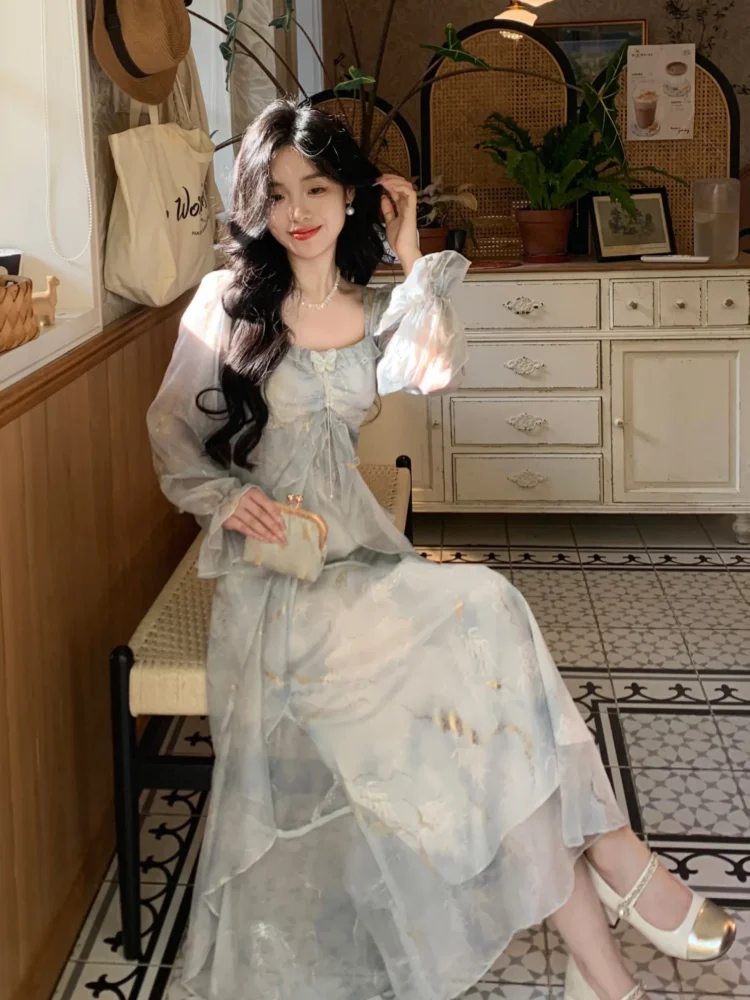 Off Shoulder Dress Ruffle A Line Long French Print