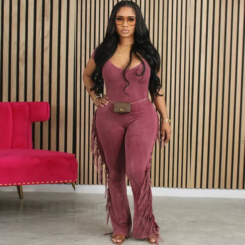 Women's Side Fringe Tassel Jumpsuit V-Neck Short Sleeve Skinny Flare Pants Romper Monos Largos