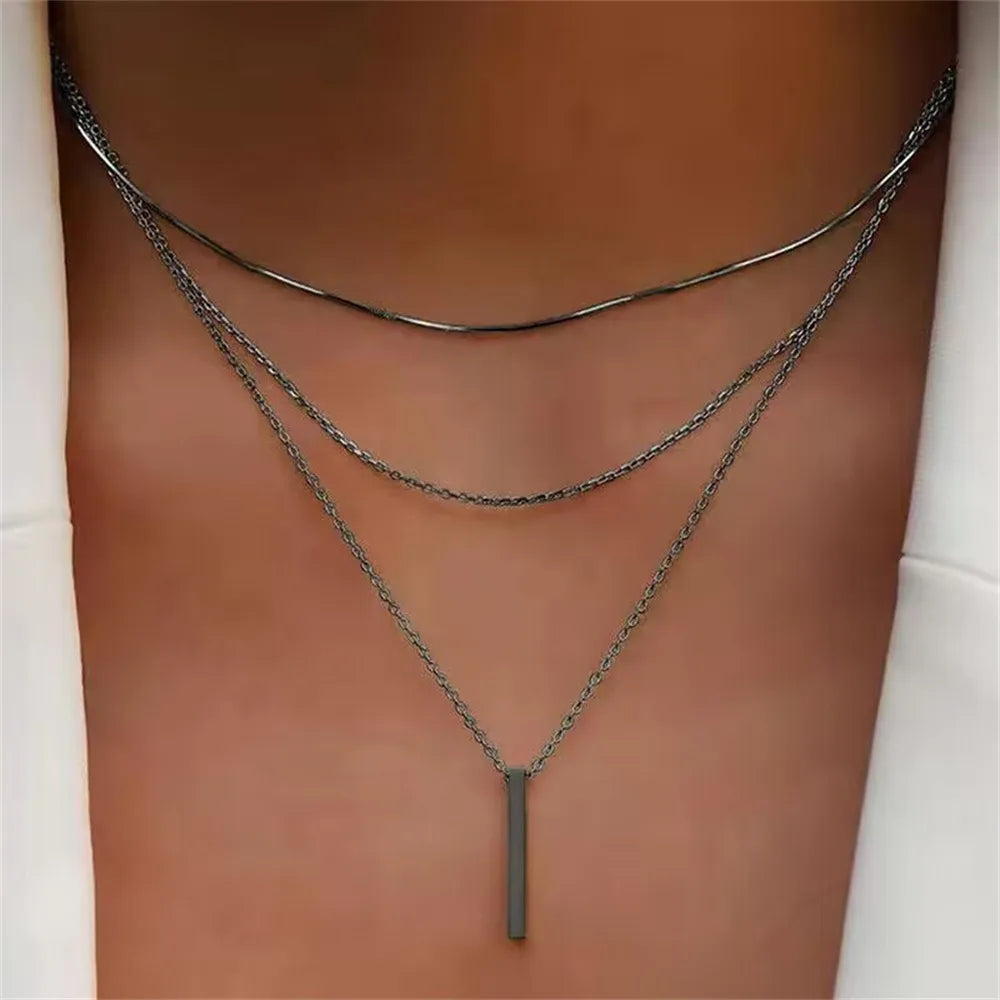Vintage Layered Metal Bar Pendant Necklace for Women Gold Clavicle Chain Jewelry