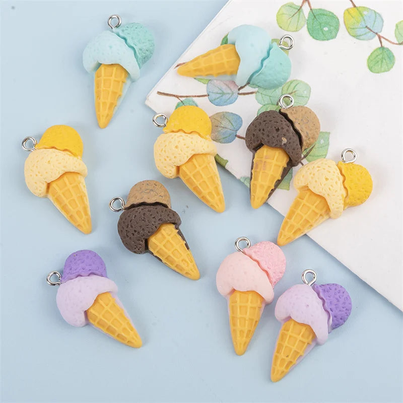 10Pcs Cute 3D Ice Cream Resin Charms for DIY Jewelry and Craft Accessories 38mm x 15mm