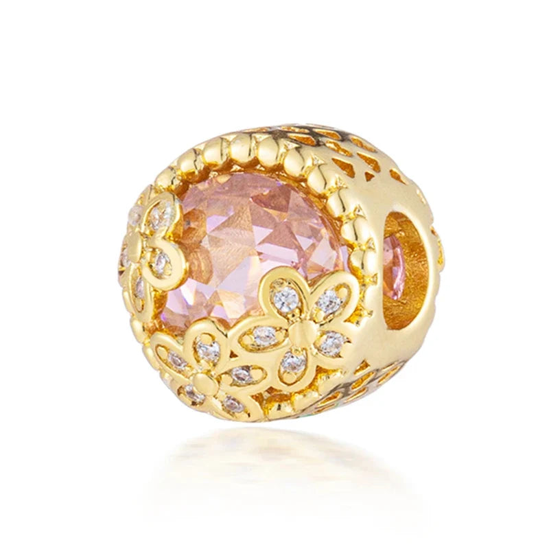 Sparkling Pink Cherry Blossom Daisy Charm Beads for 925 Silver Bracelet DIY Women's Jewelry Gifts