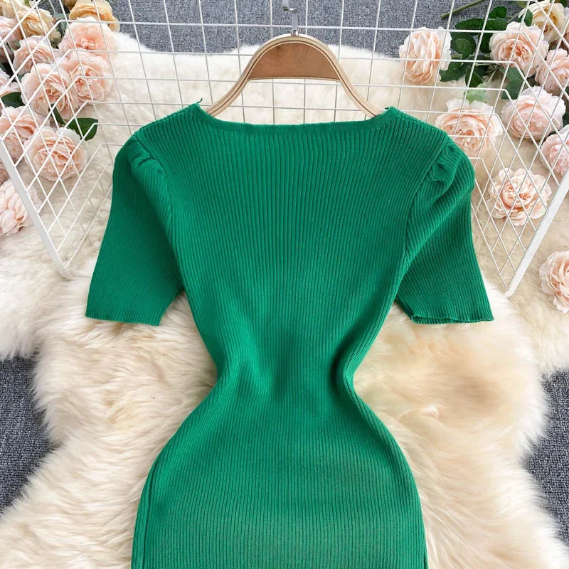 Korean Knit Bodycon Dress V Neck Drawstring Short Sleeves