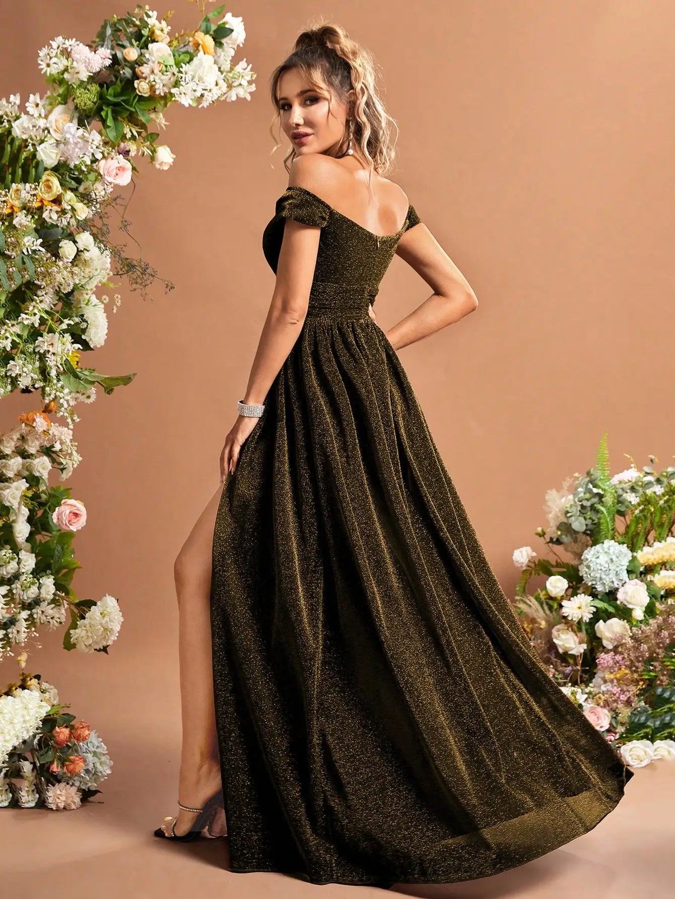Green Off Shoulder Glitter Dress With Thigh Slit Sequins