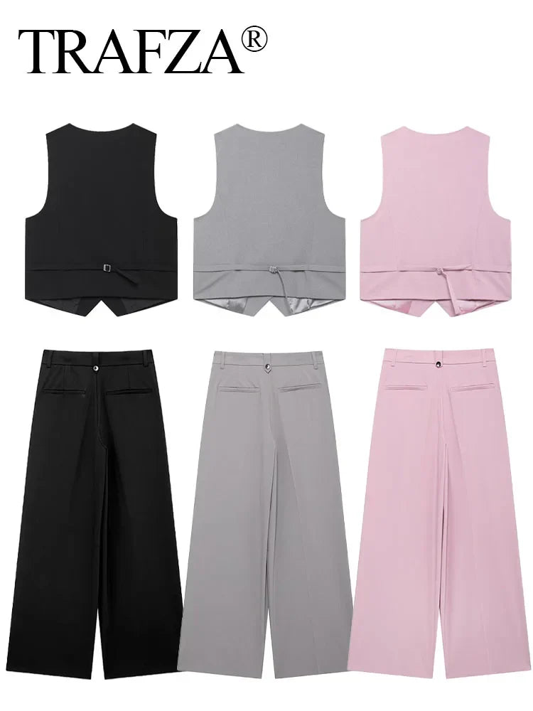 Solid Sleeveless V-Neck Vest and High Waist Zipper Loose Pants Set for Office and Casual Wear