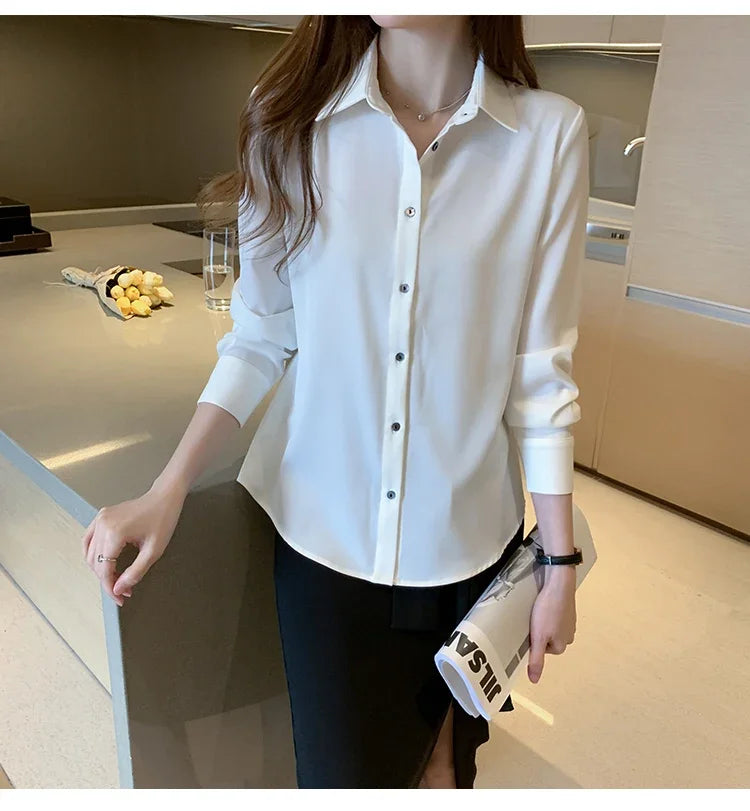Elegant Satin Long Sleeve Blouse for Women Casual Office Shirt Solid White Basic Top