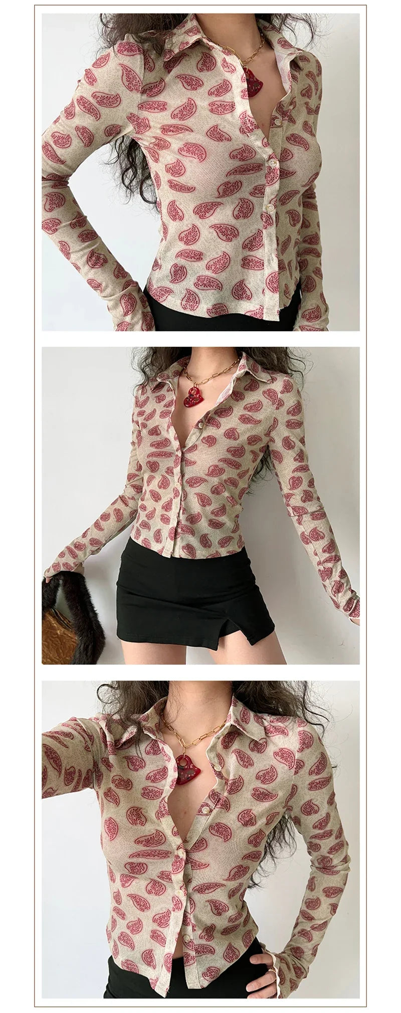Women Printed Long Sleeve Blouse Turn-Down Collar Button-Up Cardigan Shirt Casual Office Top Vintage Autumn Fashion