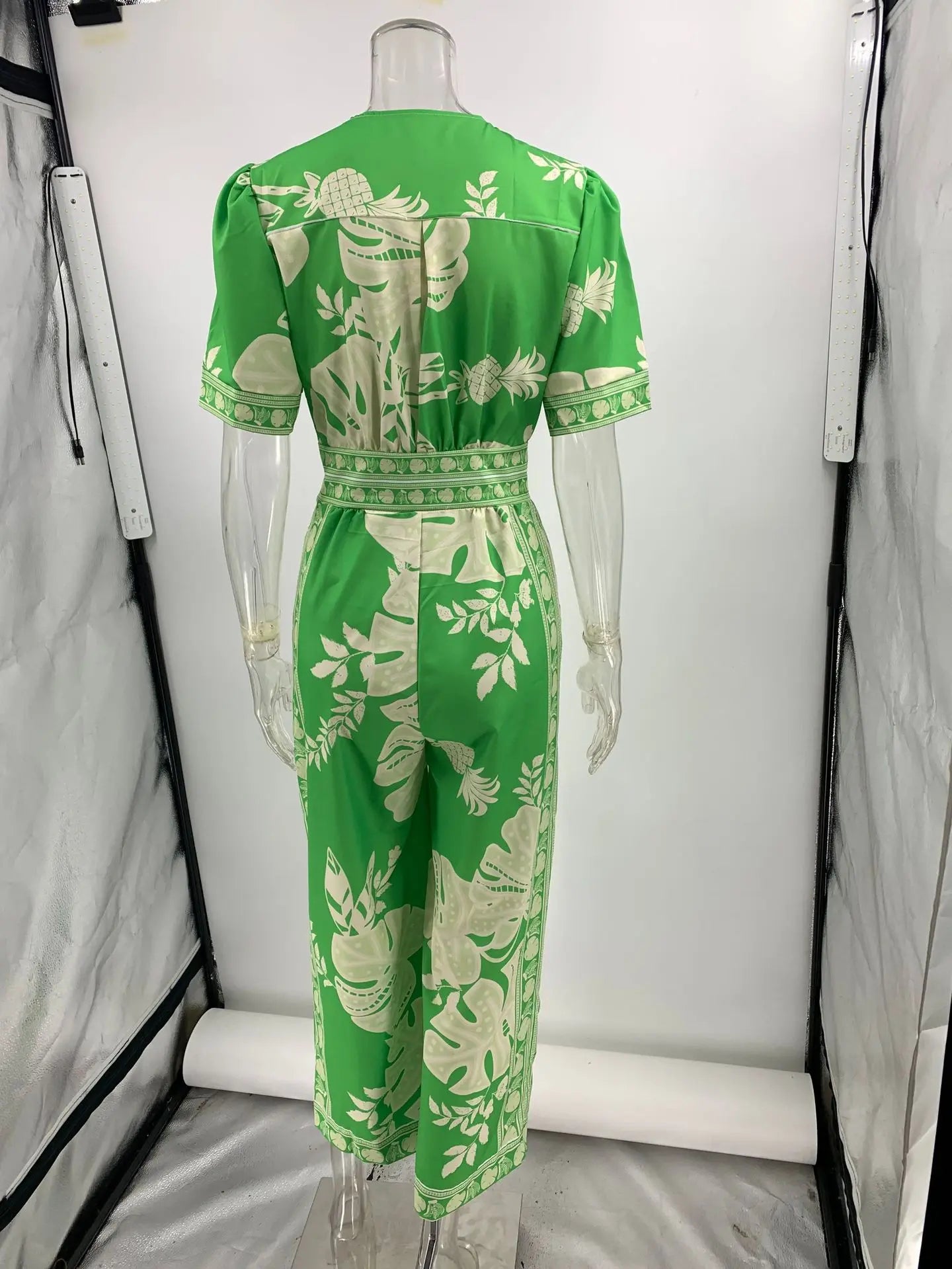 Women Vintage Printed Jumpsuit Elegant V Neck Short Sleeve Wide Leg High Waisted Casual Playsuit Perfect for Vacation and Everyday Wear