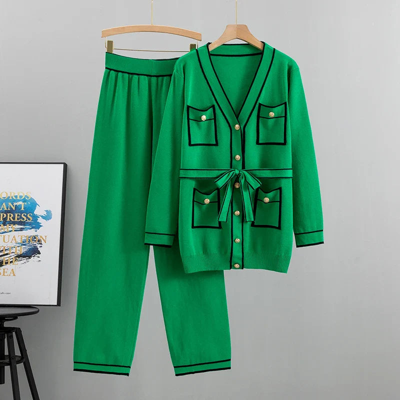 Autumn Elegant Two Piece Trouser Suit for Office Ladies with Long Sleeve Coat and Casual Wide Leg Trousers Set