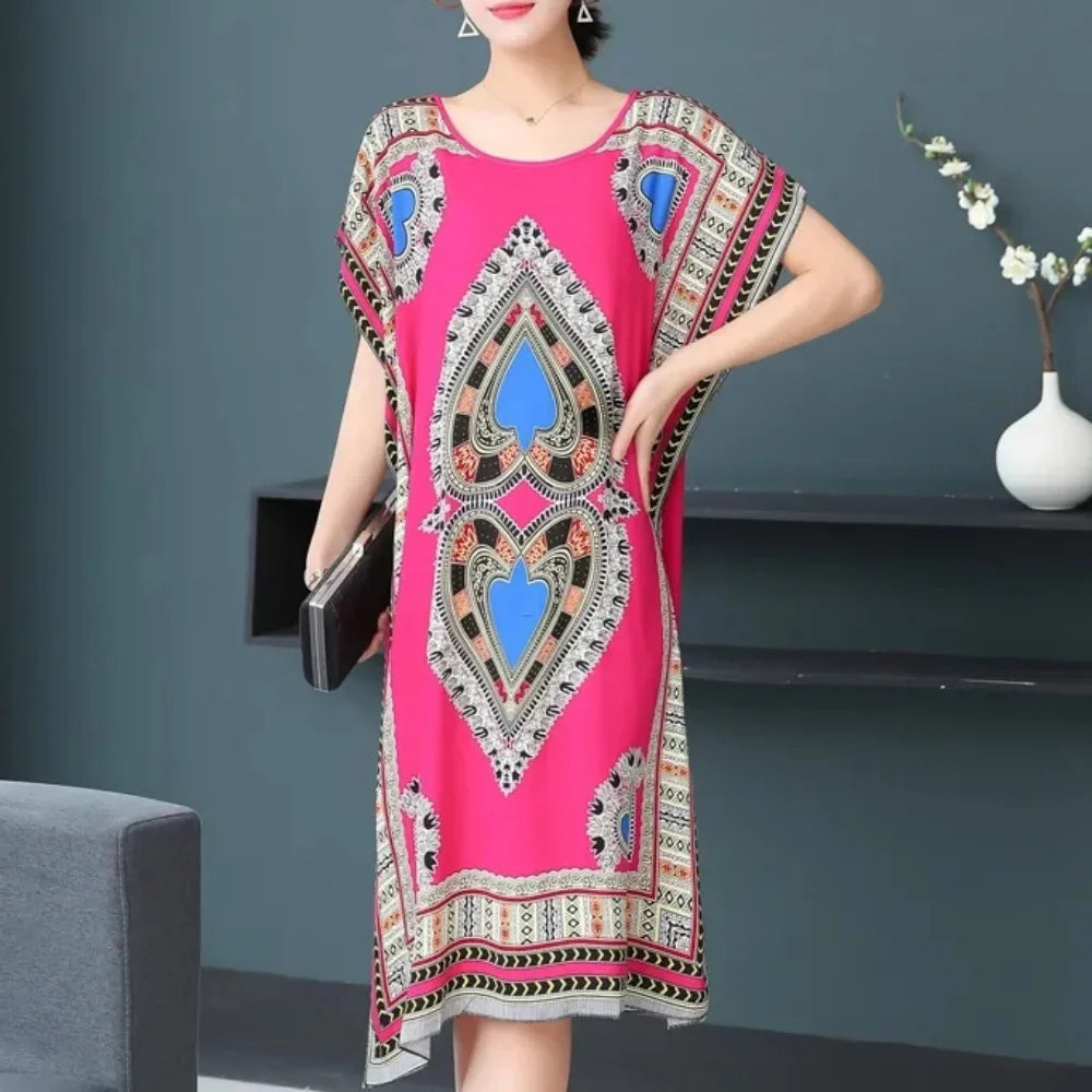 Retro Ethnic Print Batwing Sleeves Dress With High Slit