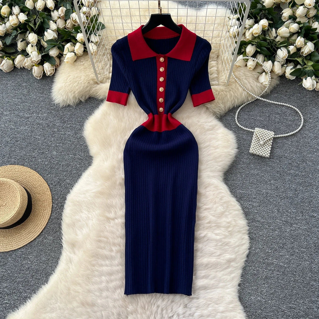 Patchwork Knitted Polo Collar Dress For Women Spring Summer