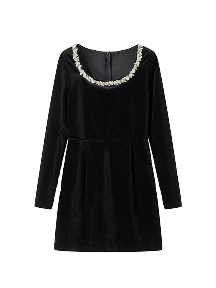 Beaded Mini Dress With Plunge Neckline And Long Sleeve