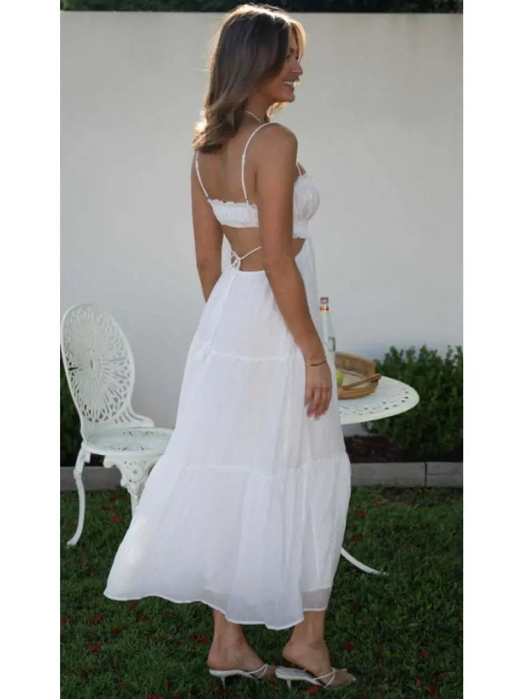 Halter Neck Backless Lace Dress For Women Summer Solid Color