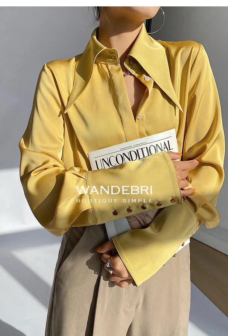 Elegant Turn Down Collar Satin Silk Blouse Vintage Button Closure White Lantern Sleeve Office Lady Shirt Chic Feminine Top