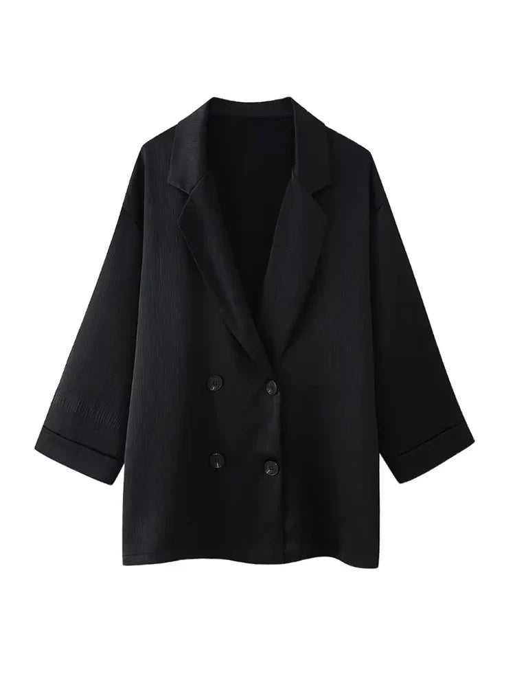 Women's Satin Blazer and High Waisted Straight Leg Pant Set with Crease Texture