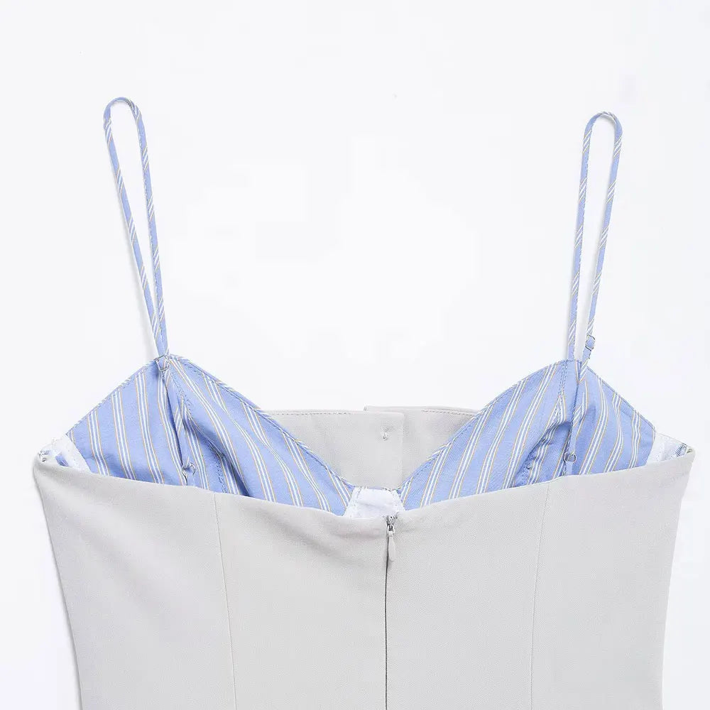 Patchwork Mini Dress With Adjustable Straps Front Buttons