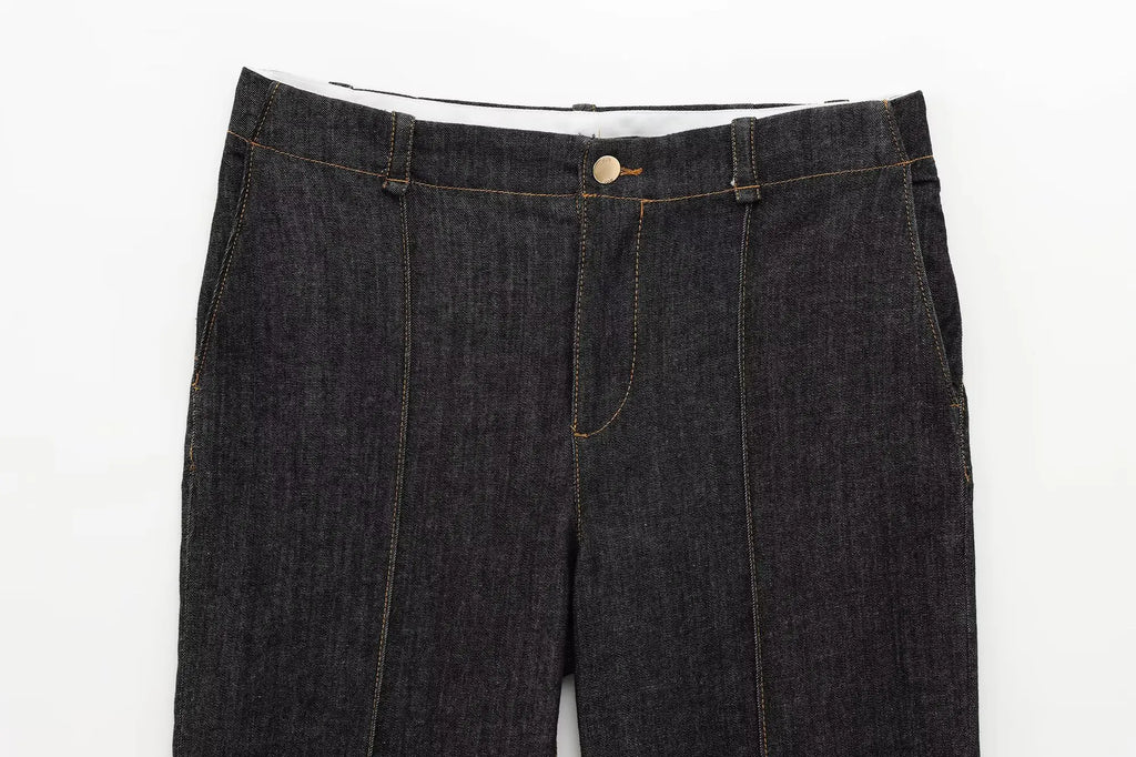 Women Black Denim Pants Set with Fitted Shirt and Patch Pockets Straight Leg Jeans Suit