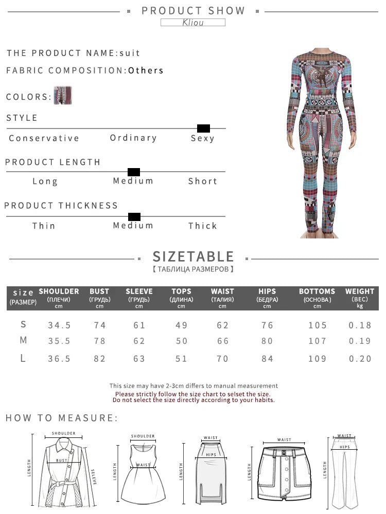 Aesthetic Print Women 2 Piece Set Vintage Hipster Autumn O-neck Full Sleeve Tops and High Waist Pants Clubwear