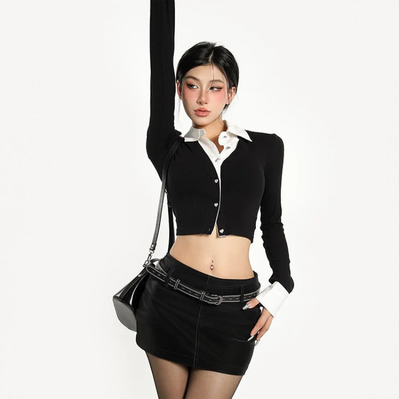 Y2K Two Piece Illusion Crop Top Women's Patchwork Slim Fit Long Sleeve Shirt Casual Streetwear Blouse for Spring and Autumn