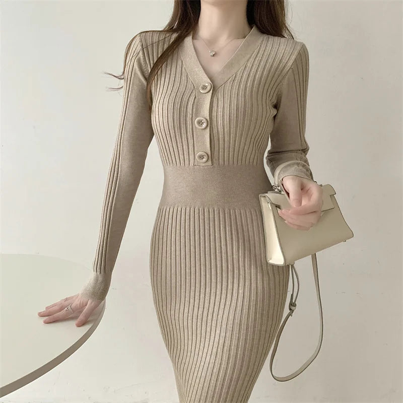 Knit Sweater Dress For Women V Neck Maxi With Buttons