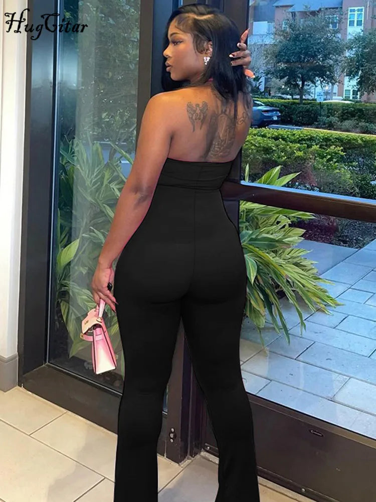 Sleeveless Halter Backless Bodycon Jumpsuit with Flare Pants Casual Rompers for Women Streetwear Festival Outfit