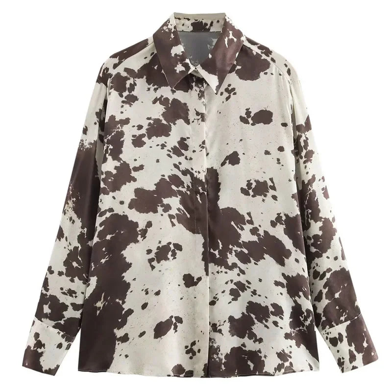 Women's Animal Print Satin Oversized Long Sleeve Blouse Chic Tie Dye Button Up Shirt for Spring