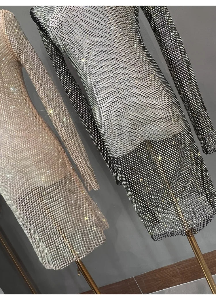 Rhinestone High Neck Glitter Party Dress Mid Length