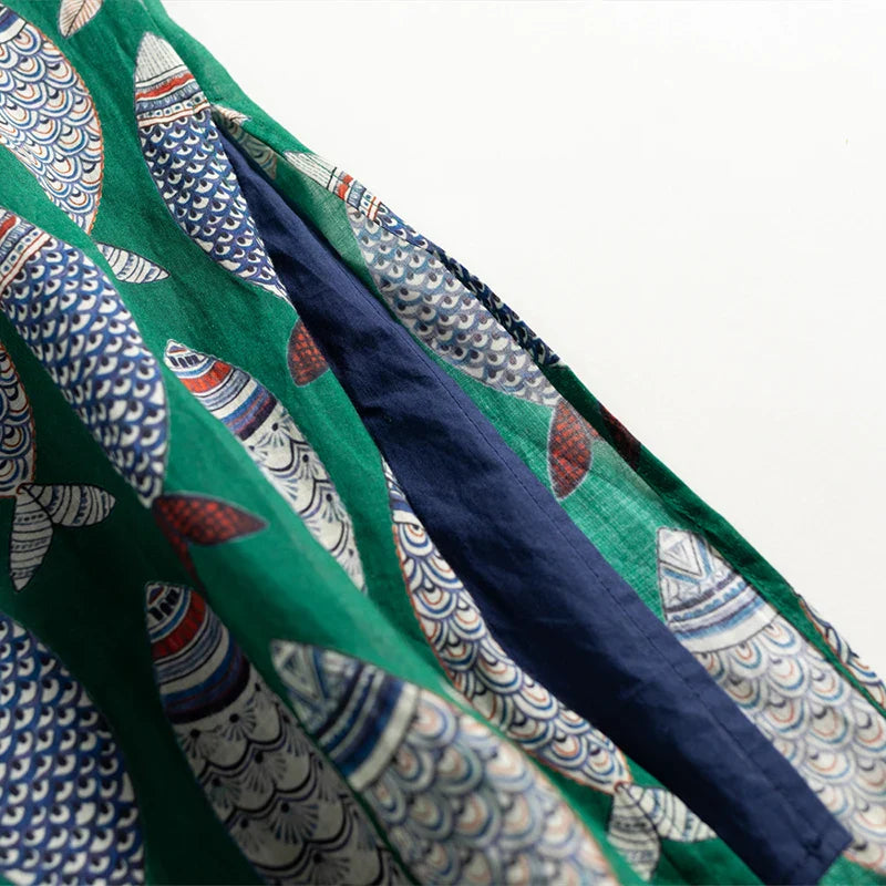 Fish Plaid Print Cotton Linen Dress O Neck Sleeveless A Line