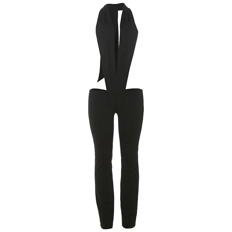 Backless Irregular Hollow Bandage Jumpsuit for Women Deep V-Neck Halter Skinny Stretch Sexy Hipster Streetwear