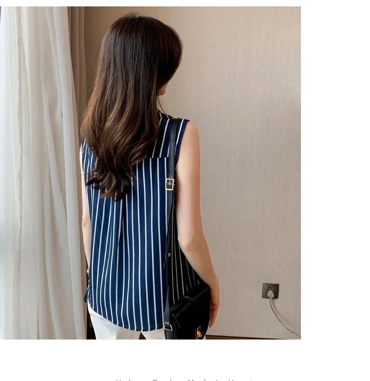 Striped Sleeveless Chiffon Blouse for Women Summer Vest Casual Lightweight Tops Basic White Shirt
