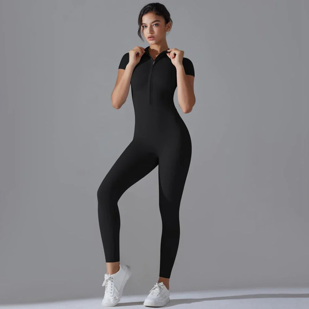 Womens Short Sleeve Yoga Jumpsuit Slim Fit Stretch One Piece Romper with Front Zipper Sexy Fitness Activewear Basic Sportwear in Black