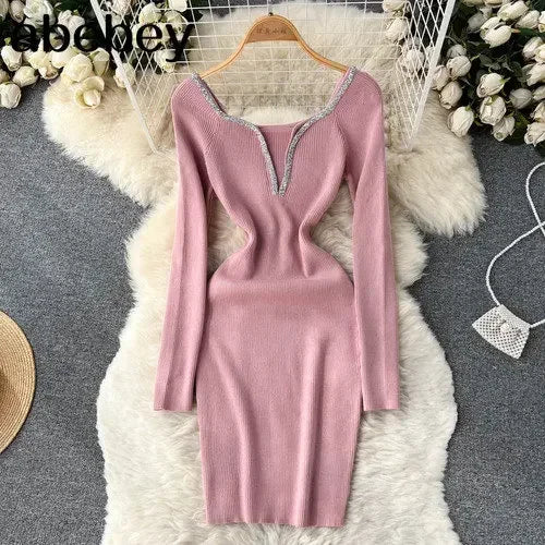 Knit Bodycon Dress For Women Long Sleeve Winter Sweater