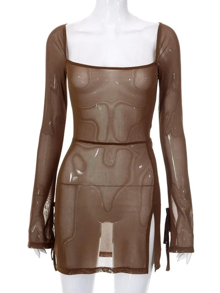 Slim Fit Sheer Dress For Women Lace Up Long Sleeve Fashion