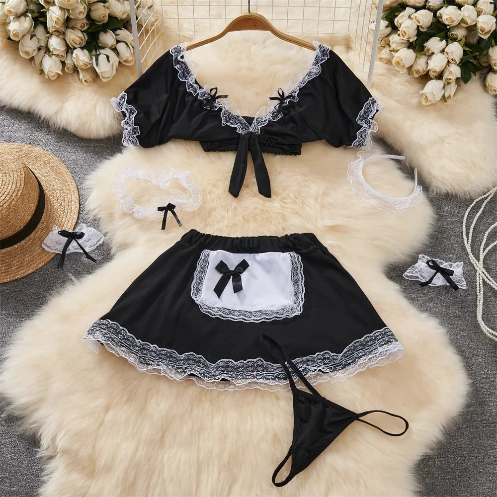 Sexy Maid Cosplay Lingerie Set with V-Neck Crop Top and Elastic Waist A-Line Mini Skirt