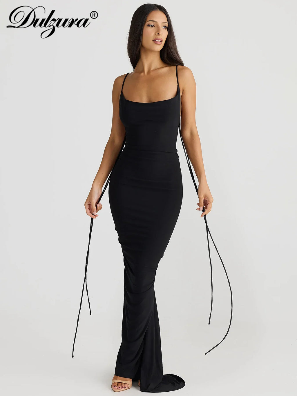 Backless Maxi Dress With Lace Up Spaghetti Straps Evening