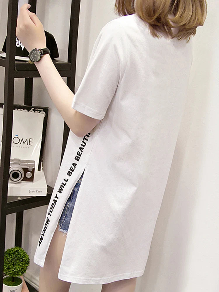 Summer Women Loose Fit T Shirt with Slit - Stylish Short Sleeve Top for Casual Wear