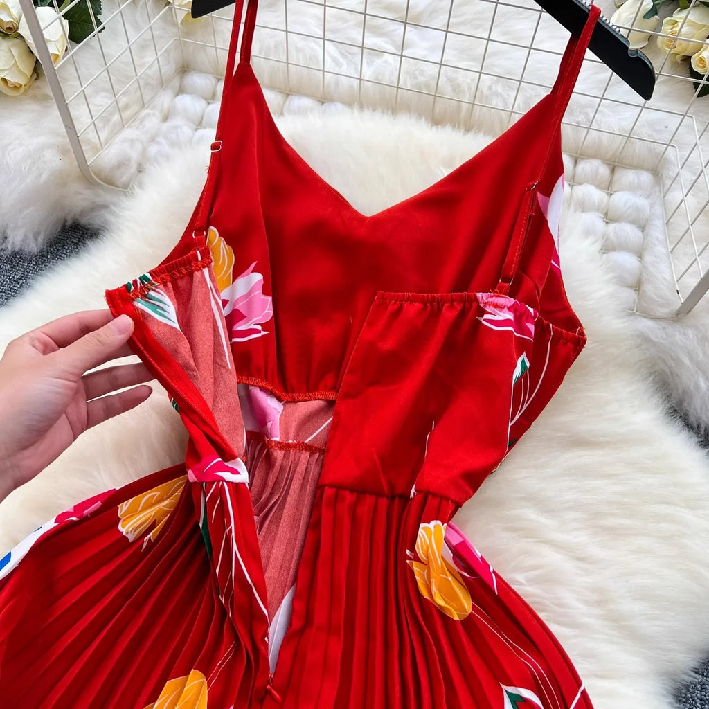 Floral Print Maxi Dress High Waist Spaghetti Strap Backless