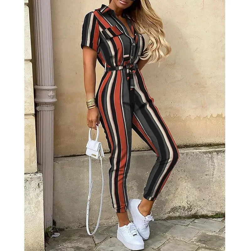 Casual Chic Overalls for Women Lapel Lace-Up Print Belted Work Jumpsuit One-Piece Bodysuit Elegant Long Sleeve Jumpsuit with Stylish Fit