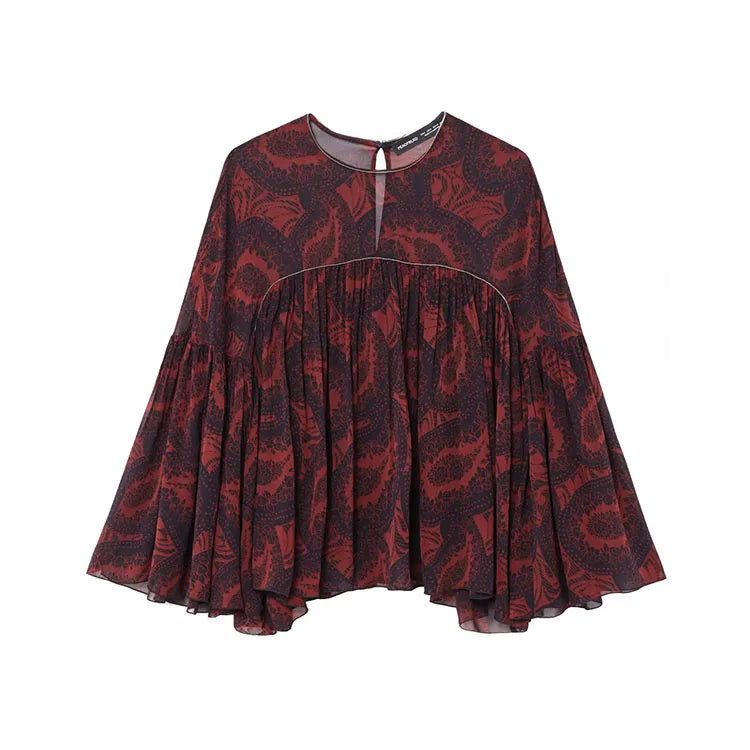 Women's Spring Printed Midi Skirt Two-Piece Set with Casual Folded Silk Texture Shirt and High Waist Skirt