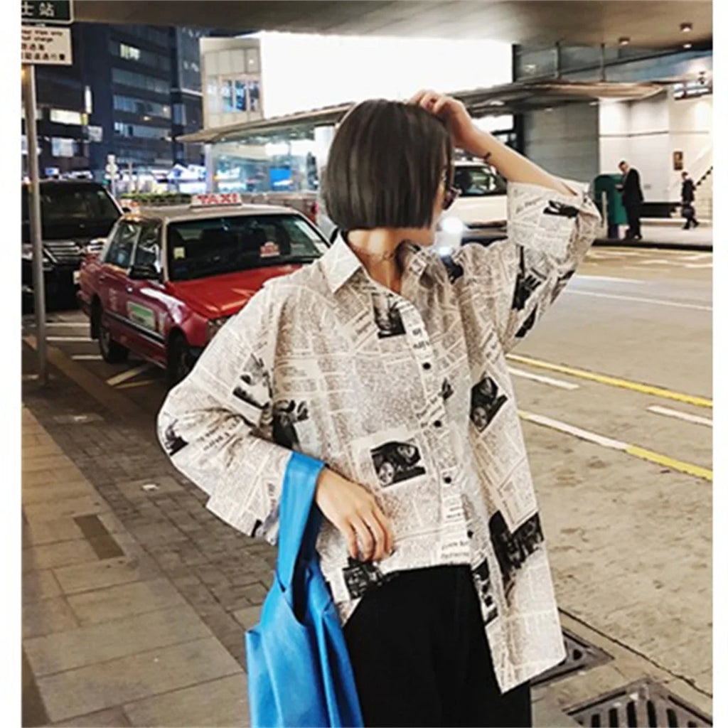 Women's Loose Fit Summer Blouse Thin Breathable Newspaper Print Shirt Sun Protection Long Sleeve Top Casual Streetwear