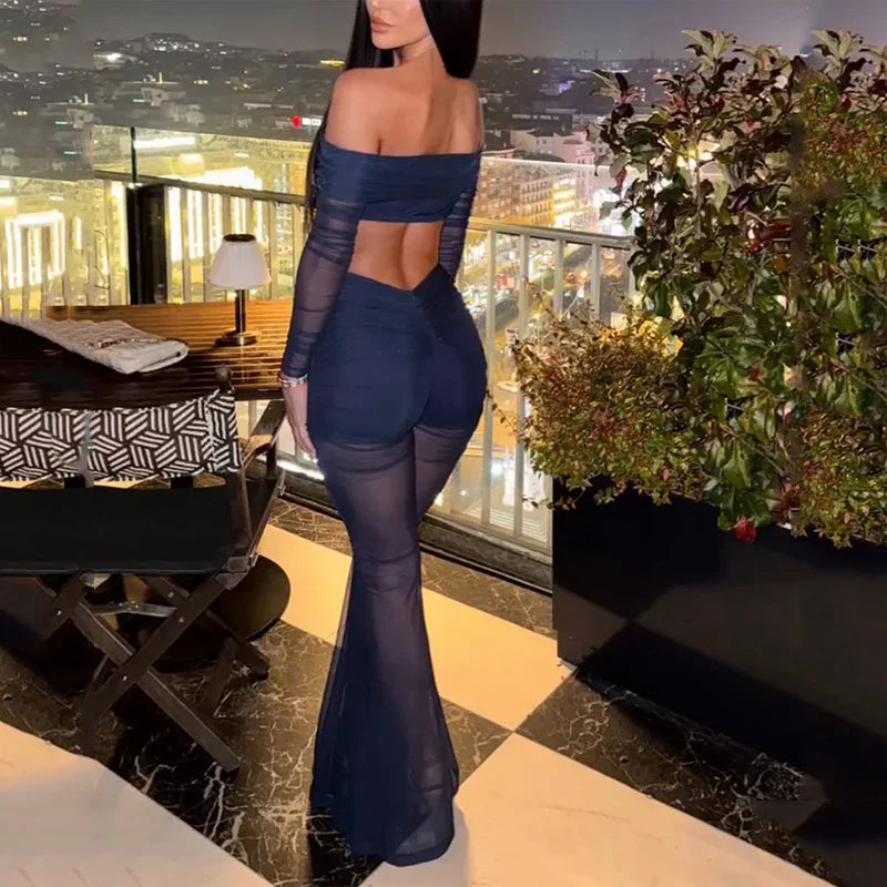 Sexy Summer Off Shoulder Long Sleeve Jumpsuit For Women Semi Transparent Backless Irregular Romper