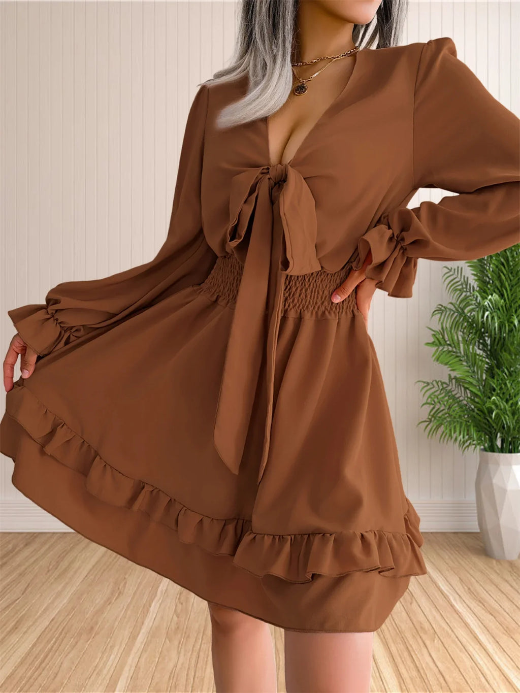 Womens V Neck Knot Front Smocked Waist Tiered Skater Dress