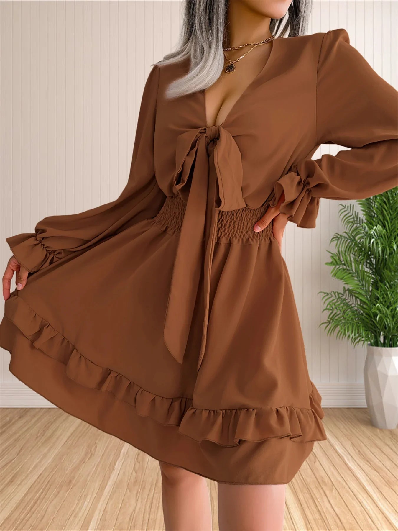 Womens V Neck Knot Front Smocked Waist Tiered Skater Dress